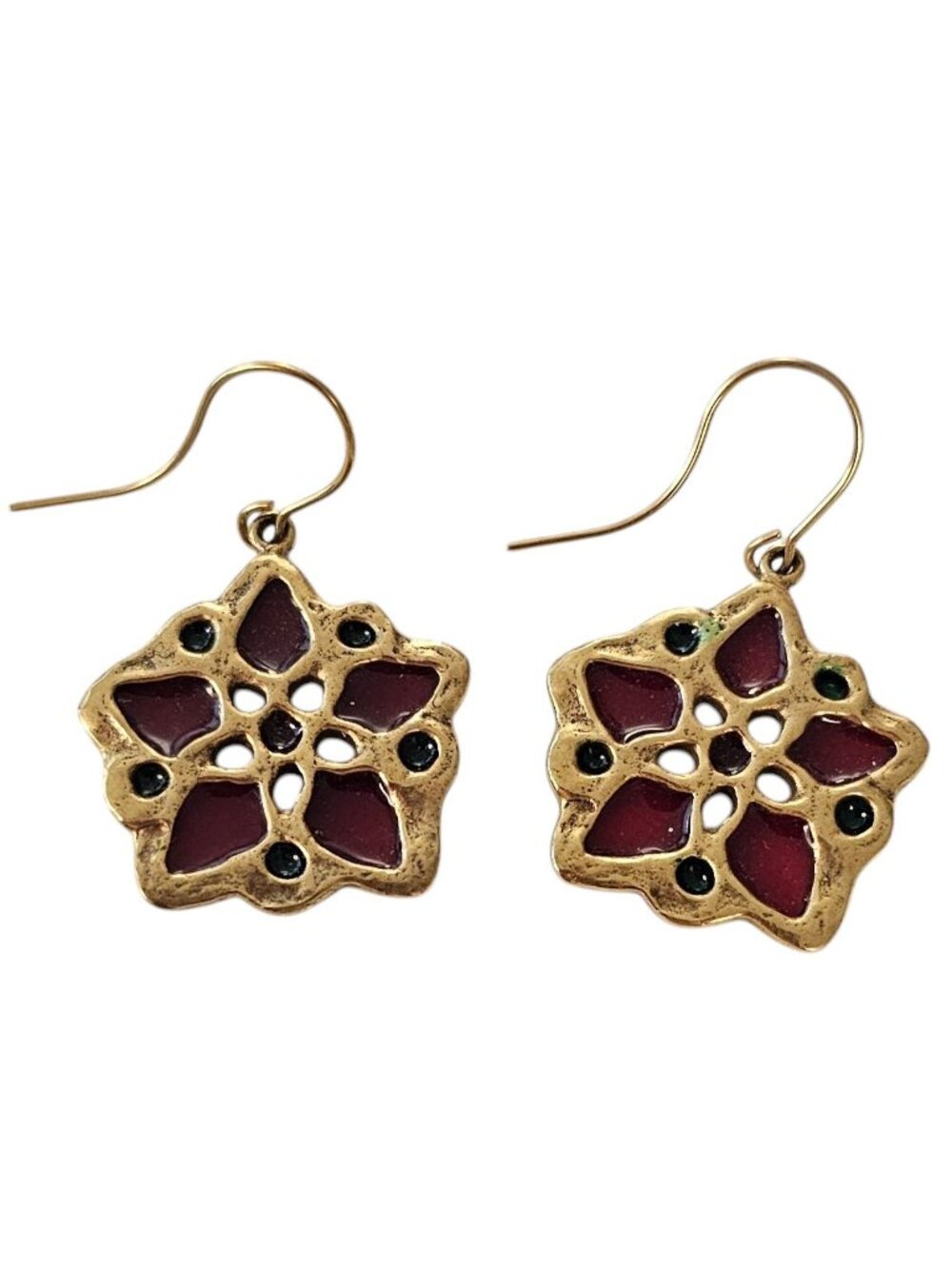MMA Plique-A-Jour Style French Hook Poinsettia Earrings, Signed L514